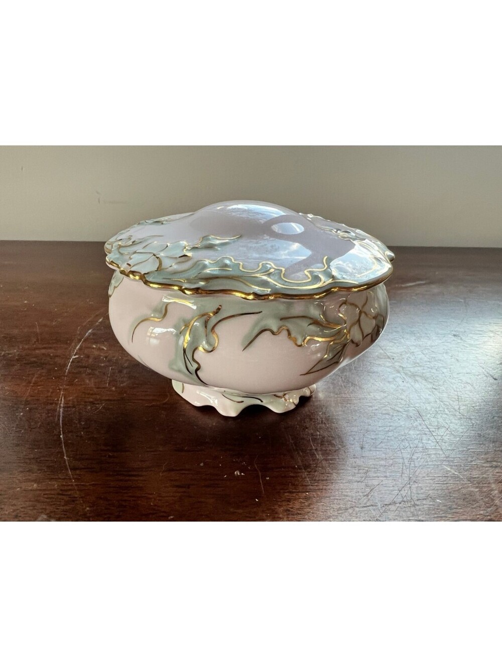 H&C Rosa Porzellan Czechoslovakia Lidded Powder Jar Gold Trim Floral